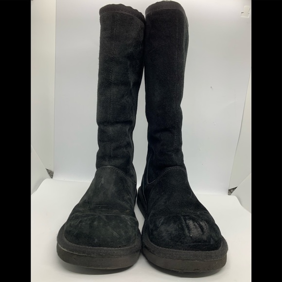 UGG Black Tall Leather Boots Zipper Back Sz5 6 - Picture 2 of 10